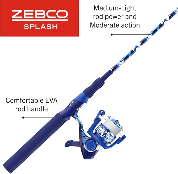 Zebco Splash Spinning Reel and Fishing Rod Combo, Fiberglass Rod, 2-Bearings, All Metal Gears, 5.2:1 Gear Ratio