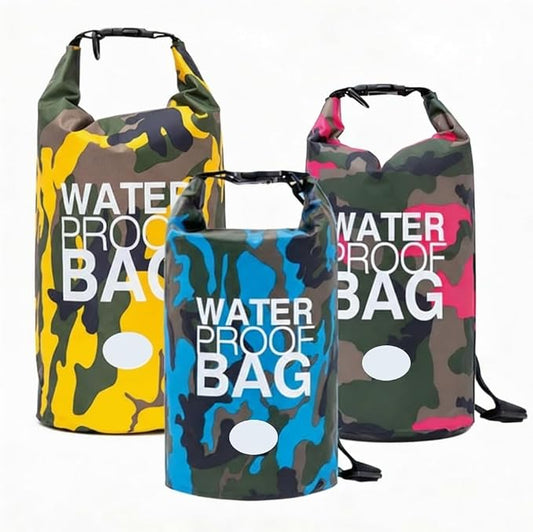Waterproof Backpack Roll Top Dry Bag Set of 3 (2L 5L 10L) – PVC Dry Bags Waterproof for Kayaking, Camping, Beach & Travel – Floating Outdoor Dry Sack (Light Blue, Pink, Yellow Camouflage)