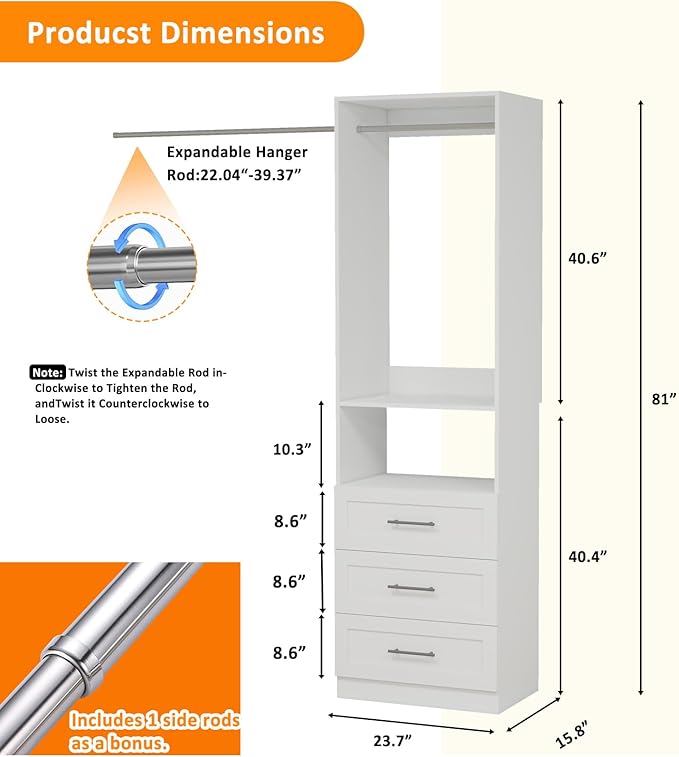 Closet Organizer System with 3 Drawers, Walk in Closet for Closet System, Modular Closet System for Small Spaces with Adjustable Hanging Rods,for Bedroom, Dorm Rooms or Apartment Living(2FT)