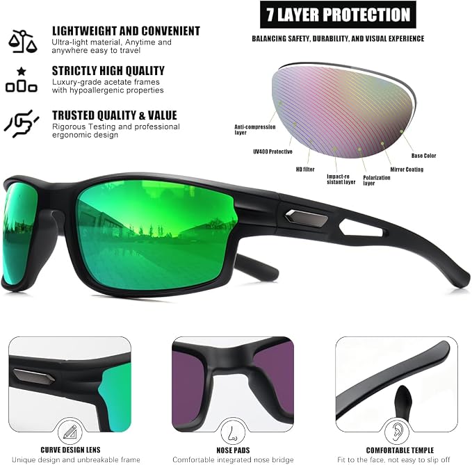 Polarized Sports Sunglasses for Men UV400 Protection, Lightweight Wrap Around Sun Glasses for Fishing Cycling Running