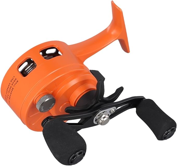 Ice Fishing Reel with Magnetic Drop, 3.2:1 Gear Ratio Inline Reel, 3+1 Ball Bearings Two-Way for Spool Lever for Winter Ice Fishing(right hand orange)