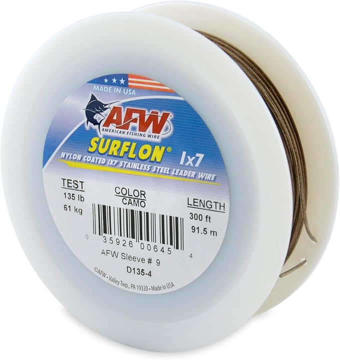 American Fishing Wire Surflon Nylon Coated 1x7 Stainless Steel Wire Leader - Wire Fishing Leader Line for Saltwater 10lb Up To 250lb Test in Bright, Black, Camo in 30ft, 100ft, 300ft, & 1000ft Lengths