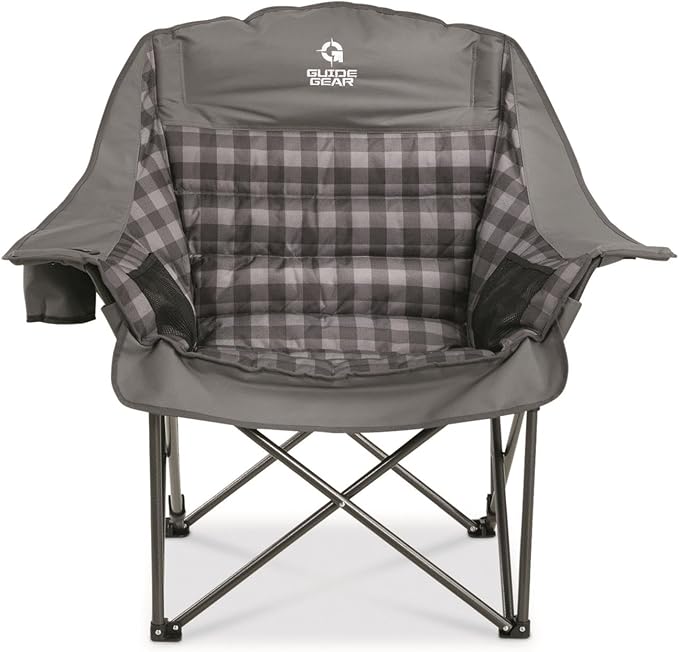 Guide Gear Oversized Extra Large Padded Camping Chair, Portable, Folding, Large Camp Lounge Beach Chairs for Outdoor, Adults, Men and Women, Heavy-Duty 400 Pound Capacity, with Cup Holder Gray Plaid