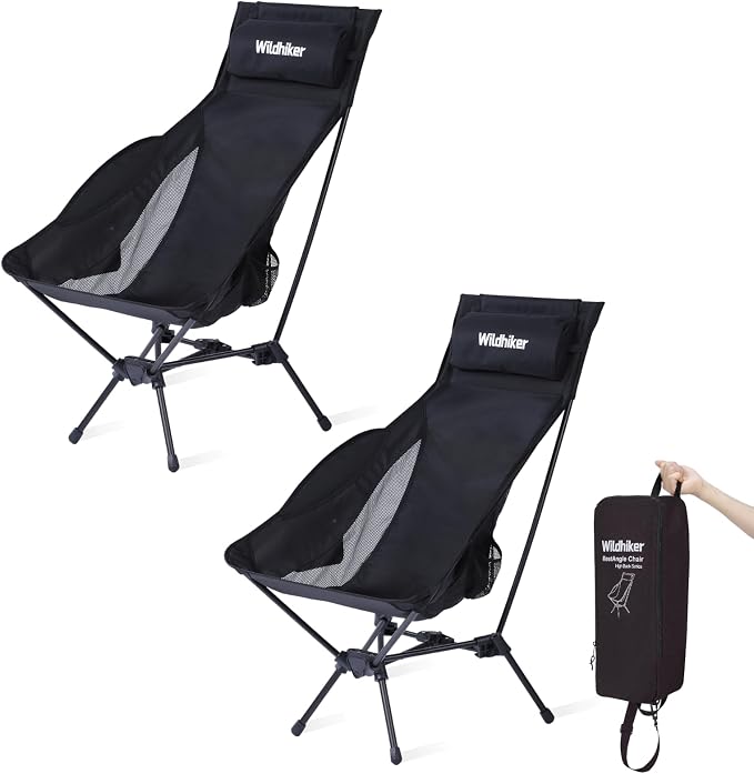 Wildhiker Portable Compact Folding Camping Chairs – Lightweight High Back with Pillow, Deep Recline, ArmPads, Side Pockets-for Motorcycle, RV, Backpacking, Travel, Festival – Black 2PCS