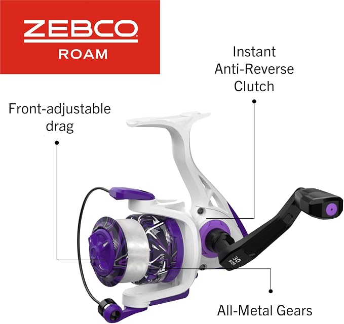Zebco Roam Spinning Reel and Fishing Rod Combo, Fiberglass Rod, Split ComfortGrip Handle, Soft-Touch Handle Knob, Reversible Retrievee