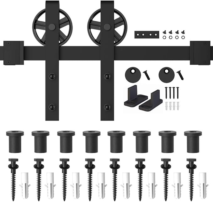 WINSOON 5-16FT Single Wood Sliding Barn Door Hardware Basic Black Big Spoke Wheel Roller Kit Garage Closet Carbon Steel Flat Track System (11FT)