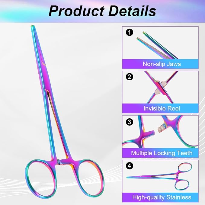 Ainiv 2 Piece Hemostat Curved and Straight Stainless Steel Self-Locking Fishing Forceps Piercing Remover Tool Piercing Grabber Tool for Nurses Pet Grooming Care Fishing DIY Crafting (Colorful, 7")