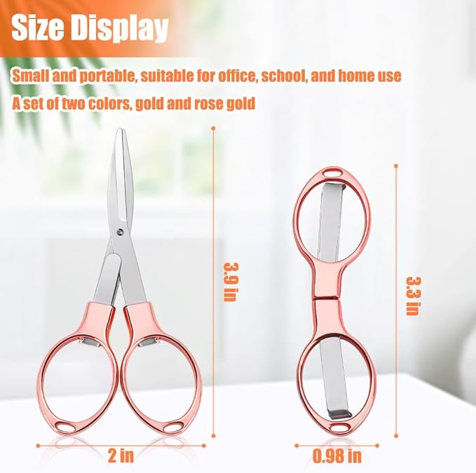 2PCS Folding Scissors, Portable Travel Scissor, Gift for Men Glasses Shaped Mini Shear Telescopic Cutter, Anti Rust Stainless Steel Scissors for Fishing Sewing Home Office (Rose Gold, Gold)