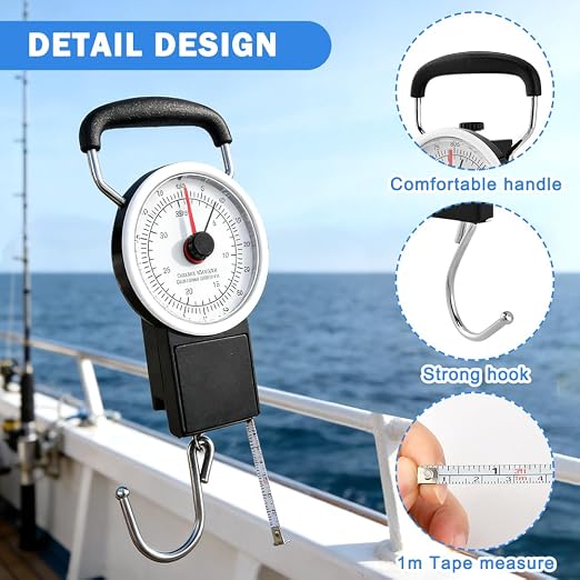 Fishing Hanging Scale, 80lb/35kg Fish Weight Analog Spring Hook Crane Scale Kit with 1M Tape Measure, Ergonomic Handle Fishing Gifts Gear for Men