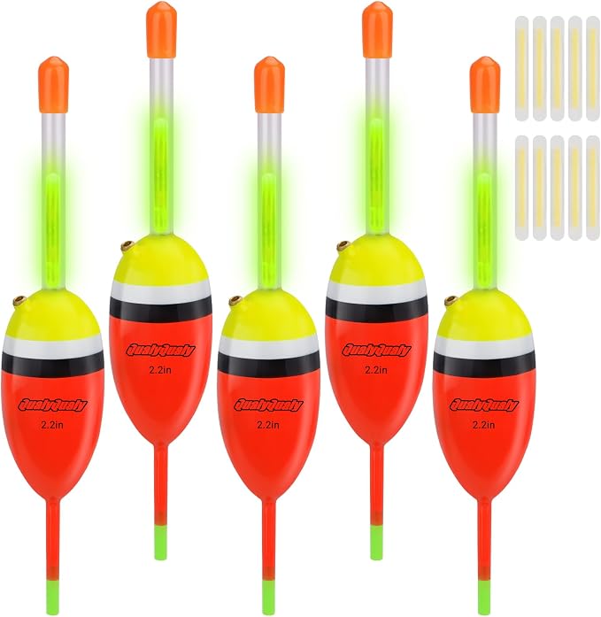 QualyQualy Lighted Fishing Slip Bobber 4-5Pcs Wood/EVA Fish Float + 8-10Pcs Glow Sticks, Night Fishing Light Up Slip Bobber for Crappie Bass Panfish Catfish Walleye