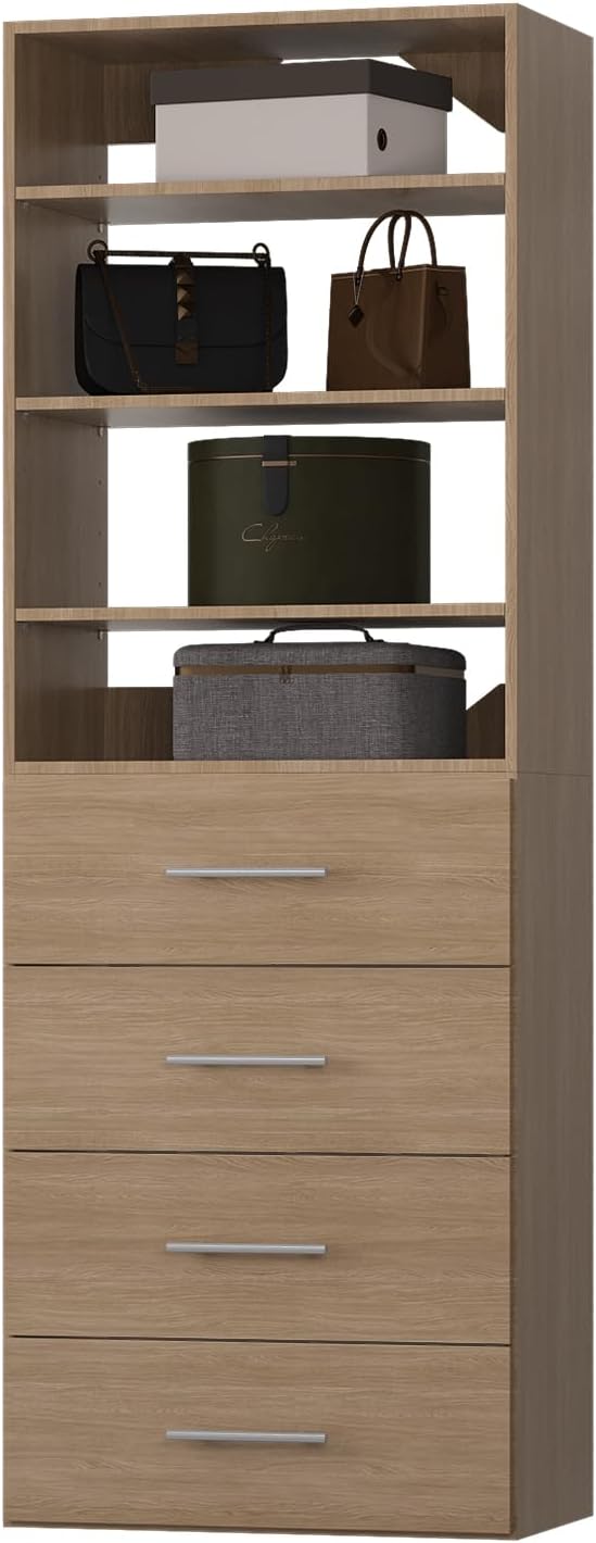 ROOMTEC Modular Closet System, 31.5" 4 Drawer Shelf Closet Tower Wall-Mounted Closet Organizer, Wooden Tower for Walk-In Closets, Wardrobe Storage Kit, Wood