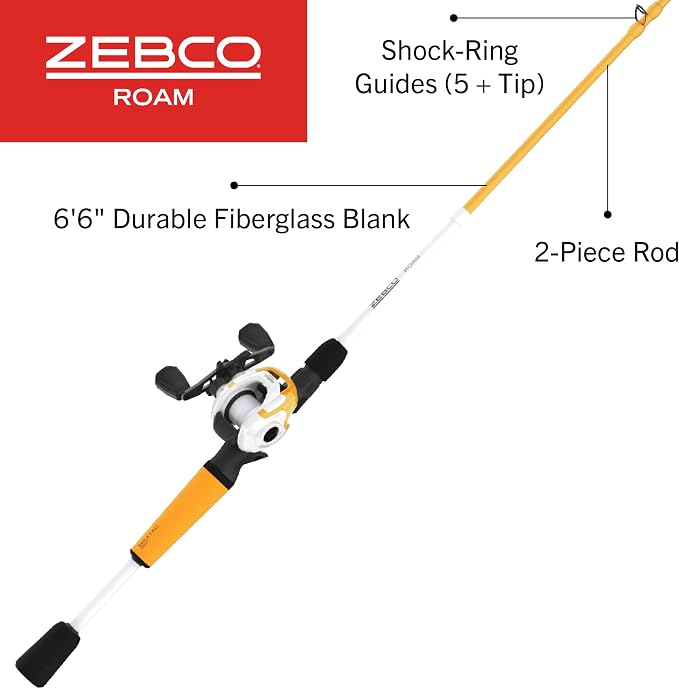 Zebco Roam Baitcast Reel and Fishing Rod Combo, 6-Foot 6-Inch 2-Piece Fiberglass Fishing Pole with Split-Grip MaxTac Rod Handle, Lightweight Graphite Frame, Right-Hand Retrieve