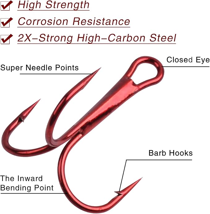 Fishing Treble Hooks Triple Fishing Hooks High Carbon Steel Barbed Sharp Round Bend Treble Hooks Replacement for Hard Lures Bait