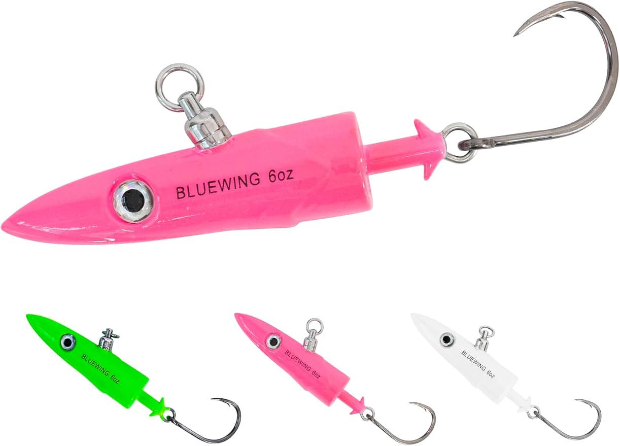 BLUEWING Jig Heads Saltwater 2oz,3oz,4oz,5oz,6oz,7oz Swimming Jigheads 1pc with High Carbon Steel Swing Hook and 6in/9in Replacement Tail Big Game Fishing Lures