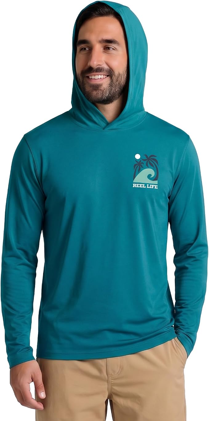 Reel Life UV Long Sleeve Hoodie – Jax Beach Mens Long Sleeve Sun Protection Shirts with Hood