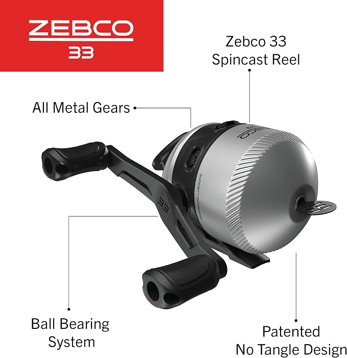 Zebco 33 Spincast Fishing Reel, Size 30 Reel, Right or Left-Hand Retrieve, 10-Pound Zebco Cajun Fishing Line, Graphite Frame Silver/Black