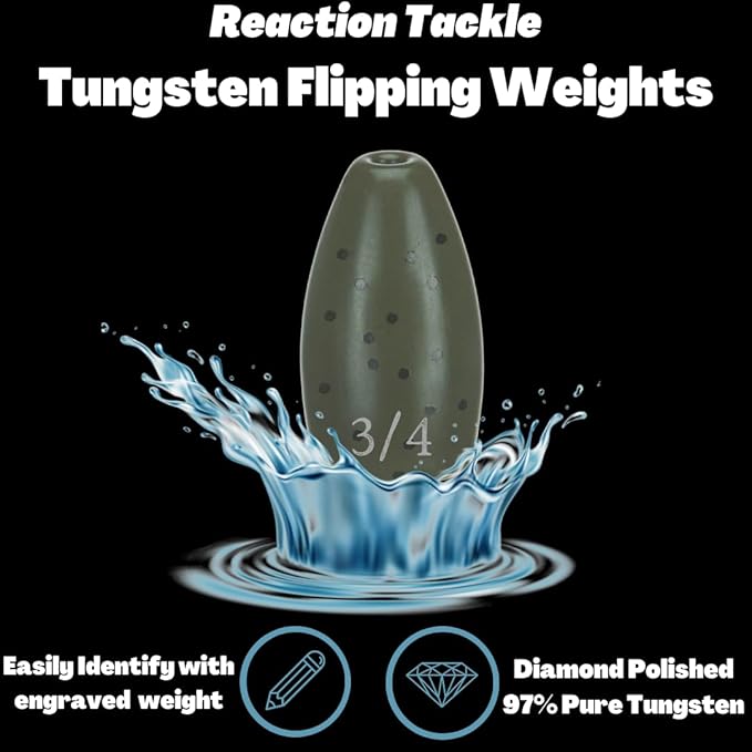 Reaction Tackle Tungsten Flipping Weights for Bass Fishing - Sinkers for Punching Heavy Cover - Fresh & Saltwater - Texas/Carolina Rigs - Size Stamped