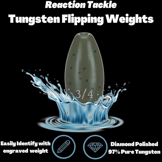 Reaction Tackle Tungsten Flipping Weights for Bass Fishing - Sinkers for Punching Heavy Cover - Fresh & Saltwater - Texas/Carolina Rigs - Size Stamped