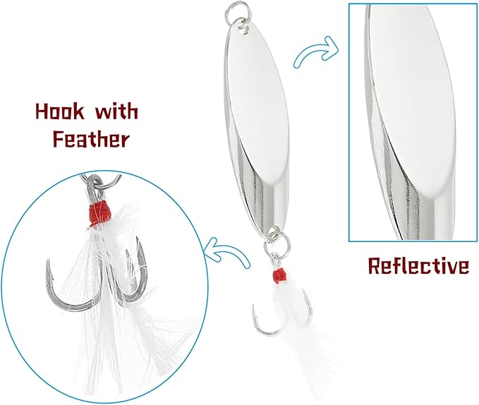 Fishing Spoons Fishing Lures Hard Metal Spinner Baits Reflective Casting Spoon Treble Hooks Jigs for Freshwater Saltwater，10 PCS with Box