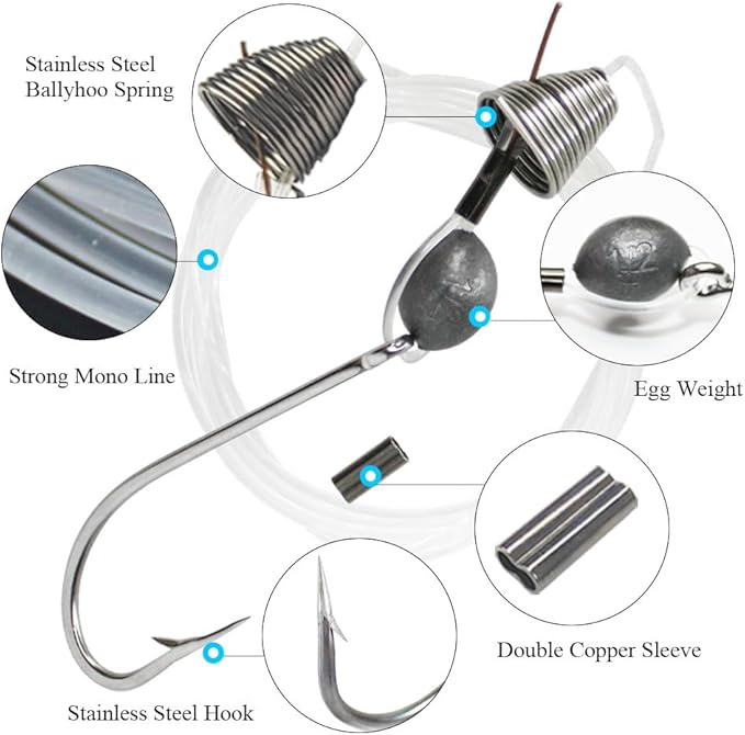 VIKETECH 12Pcs Ballyhoo Rig Stainless Steel Offshore Trolling Rig with 140lbs Mono 7/0 8/0 9/0 Hook for Tuna Marlin Wahoo Mahi Mahi