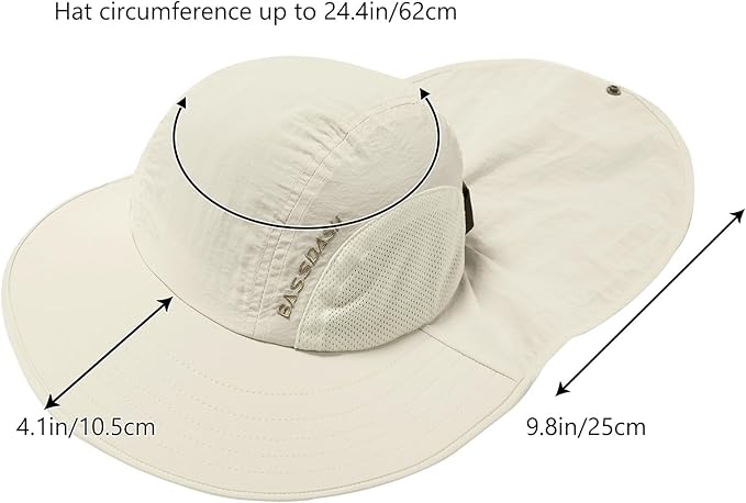 BASSDASH UPF 50+ Unisex Water Resistant Wide Brim Sun Hat with Large Neck Flap Ponytail Fishing Hat for Men Women