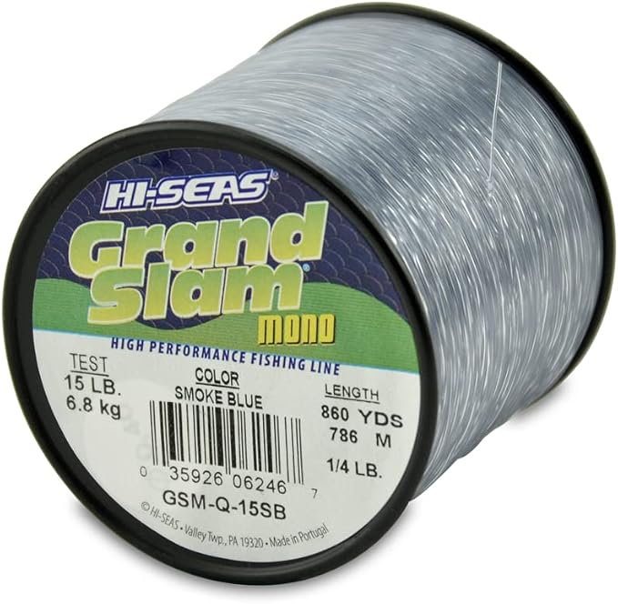 HI-SEAS Grand Slam Monofilament Fishing Line - Strong & Abrasion Resistant in Clear, Pink, Green, Smoke Blue, Fluorescent Yellow Freshwater & Saltwater – Quarter Pound Spool