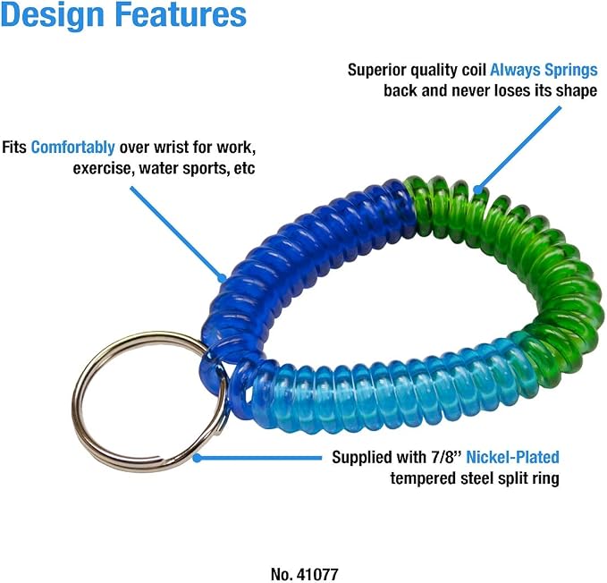 Lucky Line 2” Spiral Wrist Coil with Steel Key Ring, Multi-Color Flexible Wrist Band Key Chain Bracelet, Stretches to 12”, 25 PK, Assorted Colors (41077)