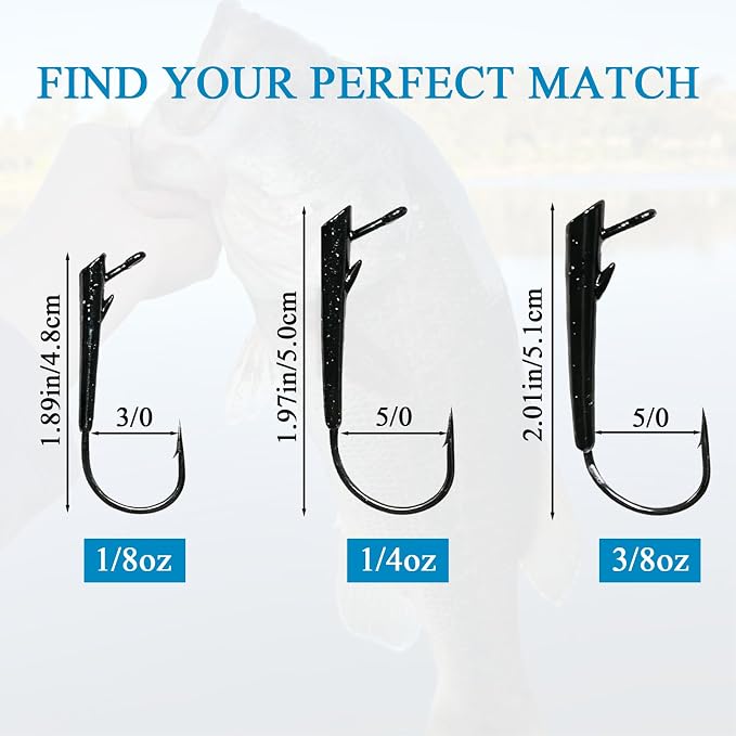 15-Pack Ozark Rig Weedless Jig Heads, 3/0 5/0 Texas Rig Hooks, Saltwater & Freshwater Fishing Hooks, 1/8oz, 1/4oz, 3/8oz Options