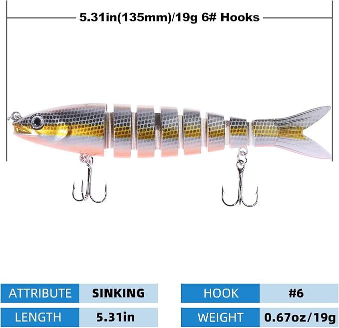 Bass Fishing Lures, Jointed Swimbait Glide Bait for Bass, Trout & Pike – Lifelike Fishing Lure with 3D Eyes, Built-in Rattle Chamber, Triple Hook – Realistic Fishing Lures for Freshwater & Saltwater