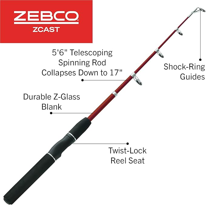 Zebco Z-Cast Spinning Fishing Rod Durable Z-Glass Fishing Pole, Comfortable EVA Rod Handle, Shock-Ring Guides, Medium Power