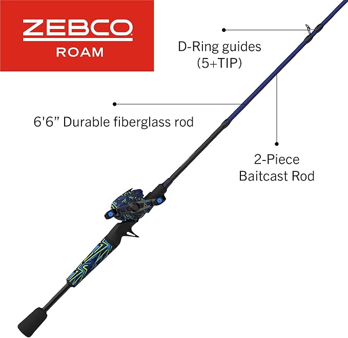 Zebco Roam Baitcast Reel and Fishing Rod Combo, 6-Foot 6-Inch 2-Piece Fiberglass Rod with Split-Grip MaxTac Rod Handle, Lightweight Graphite Frame