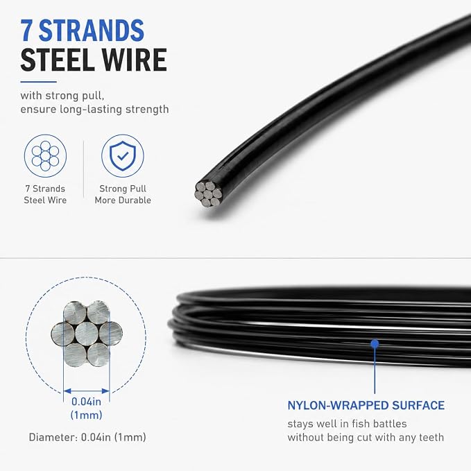 Stainless Steel Fishing Wire Leaders, Black Coated & Uncoated Options, Heavy Strength 31–100LB, 6–21in Multi Sizes with Rolling Swivels Snaps for Salt Fresh Water Shark Pike Barracuda