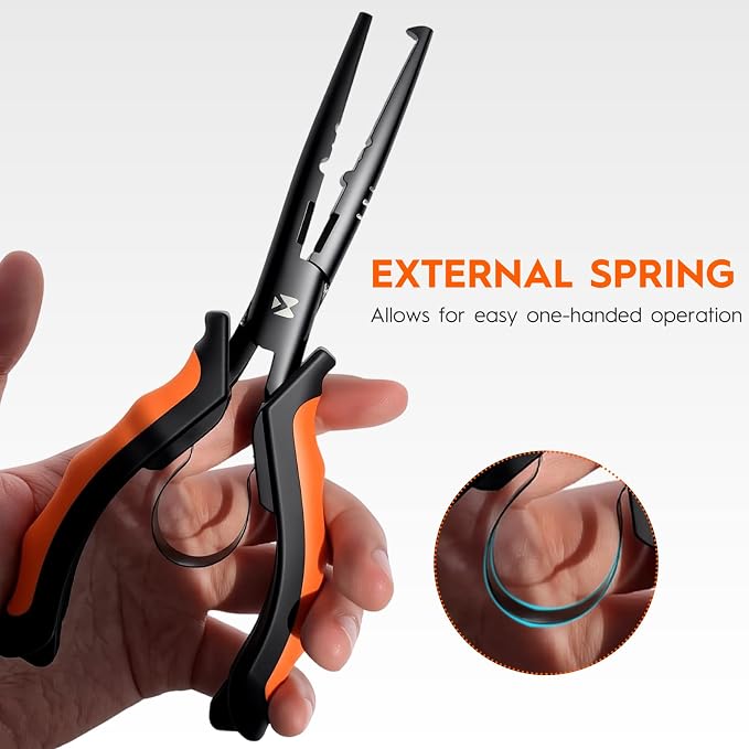 BasicGear Heavy-Duty Fishing Pliers - 7" S45C Carbon Steel Head with Teflon Coating, External Spring & Steel-Core Lanyard