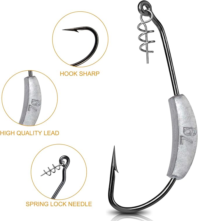 25 Pcs/Box Weighted Swimbait Hooks, Weighted Fishing Hooks Saltwater Worm Weedless Hooks for Bass Fishing Mixed 5 Size 1/0 2/0 3/0 4/0 5/0