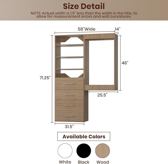 ROOMTEC Modular Closet System, 58" Wall-Mounted Closet Organizer with Drawers and Hanging Rods, Wooden Tower for Walk-In Closets, Wardrobe Storage Kit, Wood