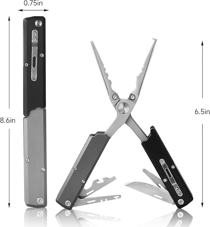 12-in-1 Folding Fishing Pliers, Compact Saltwater Fishing Tool with Braid Cutter, Hook Remover, Split Ring Opener, Stainless Steel Fishing Gear Gift for Men