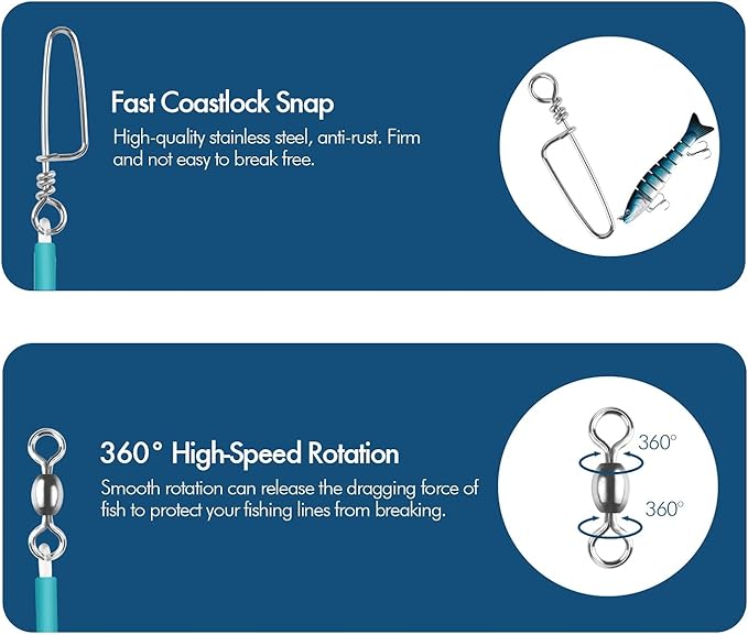 Fluorocarbon Fishing Leader Line with Swivels Snap Kits Connect Tackle Lures Rig or Hooks, High Strength Tooth Proof Fishing Leader Line for Saltwater Freshwater