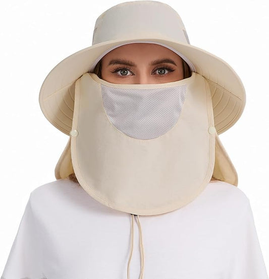 BASSDASH UPF 50+ Breathable Sun Hat with Removable Face Cover and Neck Flap Wide Brim Bucket Hat for Fishing Hiking Men Women