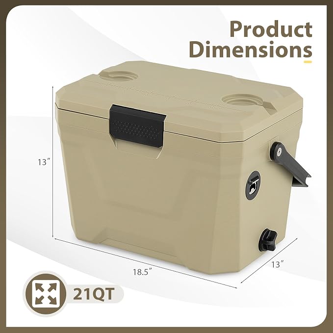 COSTWAY Insulated Portable Cooler, Hard Shell Ice Chest w/ 2 Cup Holders, Bottle Opener, Drain Plug, 3-Day Ice Retention, Outdoor Leak-Proof Dry Box for Beach, Camping, Fishing, Picnic