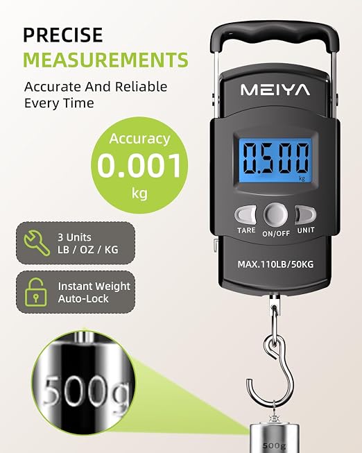 MEIYA Digital Fish Scale & Fishing Scale with Comfortable Handle - 110lb/50kg High-Accuracy Fishing Gear, Professional Fishing Gifts for Men, Comfort-Grip Hanging Scale for Large Fish, Luggage