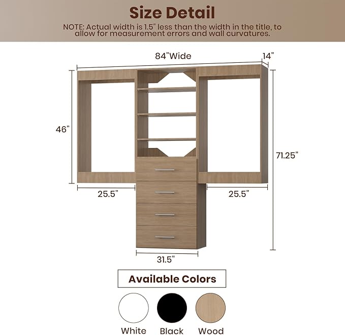 ROOMTEC Modular Closet System, 84" Wall-Mounted Closet Organizer with Drawers and Hanging Rods, Wooden Tower for Walk-In Closets, Wardrobe Storage Kit, Wood
