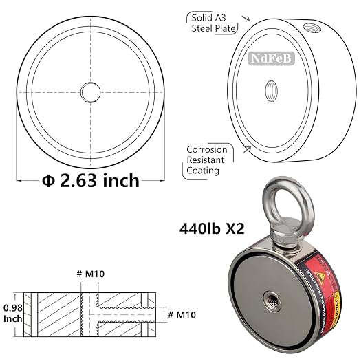 MUTUACTOR Neodymium Fishing Magnet,Combined 880lbs Double Sided Strong Fishing Magnet Heavy Duty with 65Ft Salvage Rope,Durable Gloves,Waterproof Bag for Retrieving Tools Find Treasure