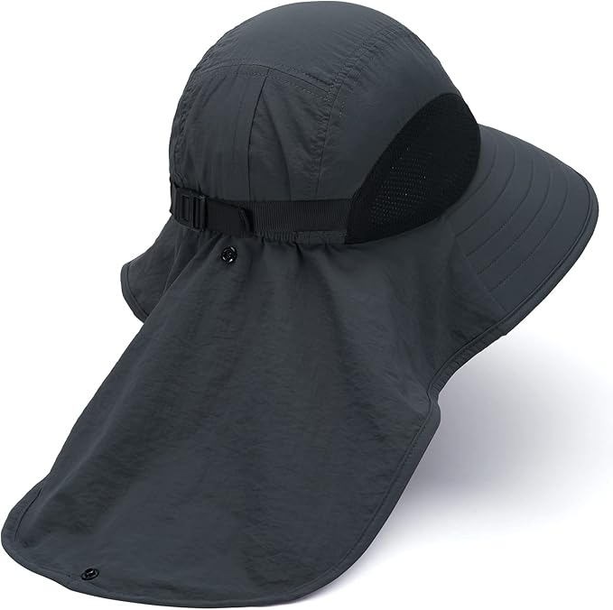 BASSDASH UPF 50+ Unisex Water Resistant Wide Brim Sun Hat with Large Neck Flap Ponytail Fishing Hat for Men Women
