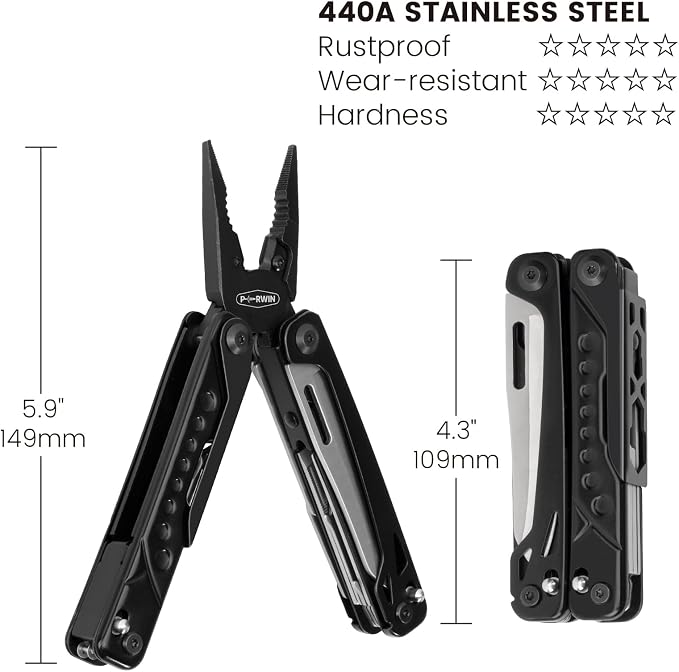 PERWIN Multitool, 20-in-1 Stainless Steel Multi Tools Pliers with Nylon Sheath, Safe Locking, Professional Multi-Tool for Survival, Camping and Hunting, Black