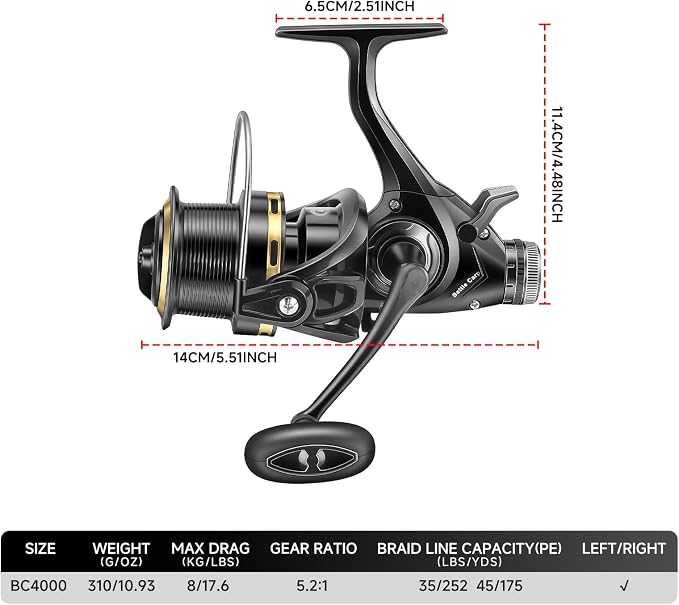 HAUT TON Battle Carp Fishing Reel, 4+1 BB Carbon Fiber Drag Spinning Reels for Saltwater Freshwater Fishing, 26.5 Lbs Powerful Max Drag Baitfeeder Fishing Reels