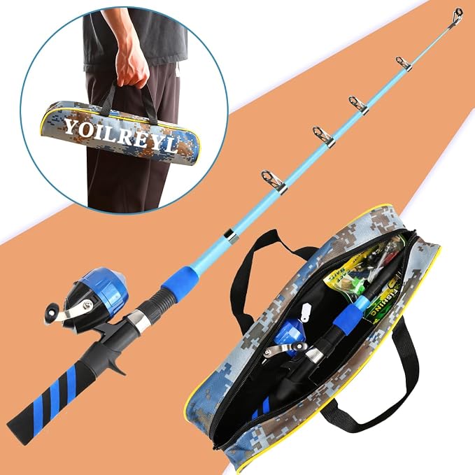 Collapsible Telescopic Fishing Rod and Reel Combo Push Button Small Fishing Pole Kit Beginner Youth Boys Fishing Starter Set Tackle