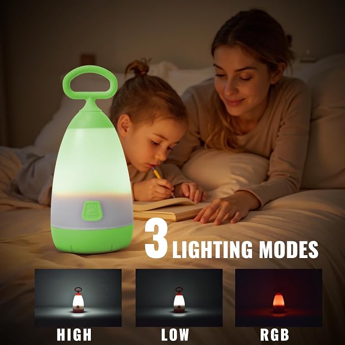 2-Pack Kids Camping Lantern & Night Light, Battery Powered, 360° Eye-Safe Light, IPX4 Waterproof RGB Portable for Slumber Party (Purple & Green, 6× AAA Included)