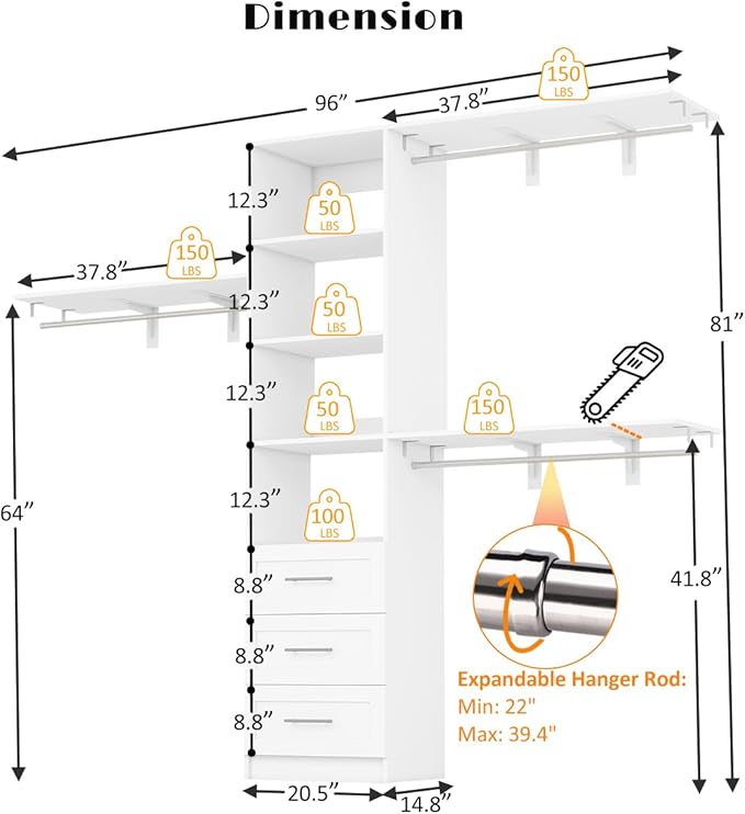 Closet Organizer System with Drawers, 8FT Corner Closet Shelving System 96" Walk in Wood Closet Storage System with 3 Shelves Custom Hanging Rods Heavy Duty Wall Mount