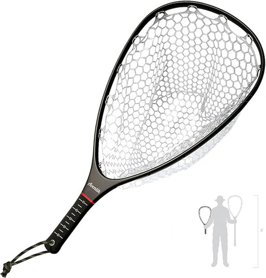 Riverruns Fly Fishing Landing Net Carbon Fiber Trout Net with Measurement Handle, Soft Rubber Mesh - 26" Standard (Wading) / 37" Long (Kayak)