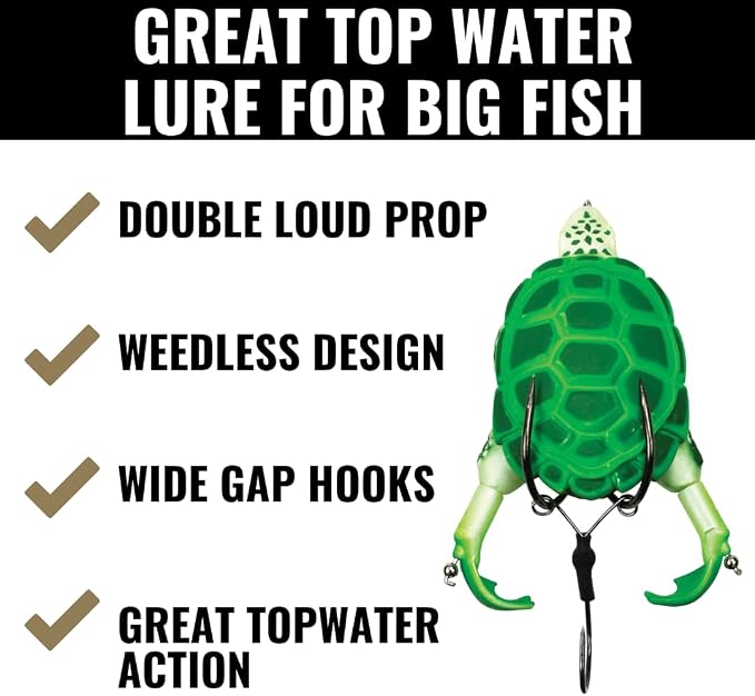 Lunkerhunt - Turtle Prop Lure | Topwater Best Bass Fishing Lure (3 Sharp Wide Gap Hooks) | Trout Lure Hollow Body | Unique Fishing Lures for Freshwater | Double Loud Propeller Feet